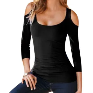3 Colors Fashion Women Ladies Slim Off Shoulder Blouses Tops Casual Long Sleeve Neck White Tee Shirt