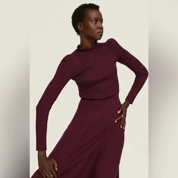 $395 Pamela Love RTR Maroon Sweater Dress red mockneck midi knit workwear long