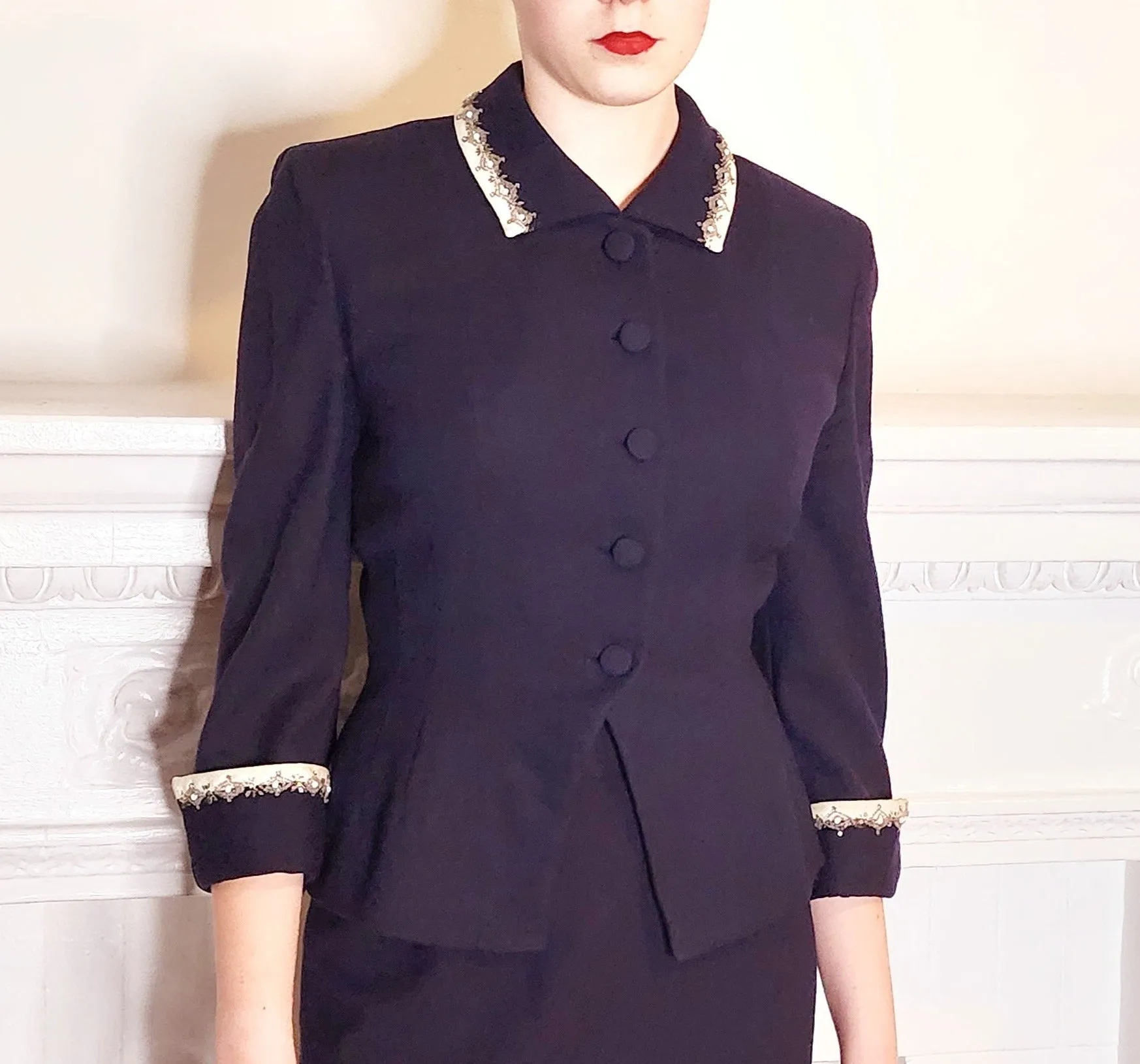 40s or 50s Navy Blue Wool Blazer w/Beaded Embroidery Bramson