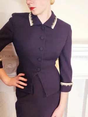 40s or 50s Navy Blue Wool Blazer w/Beaded Embroidery Bramson