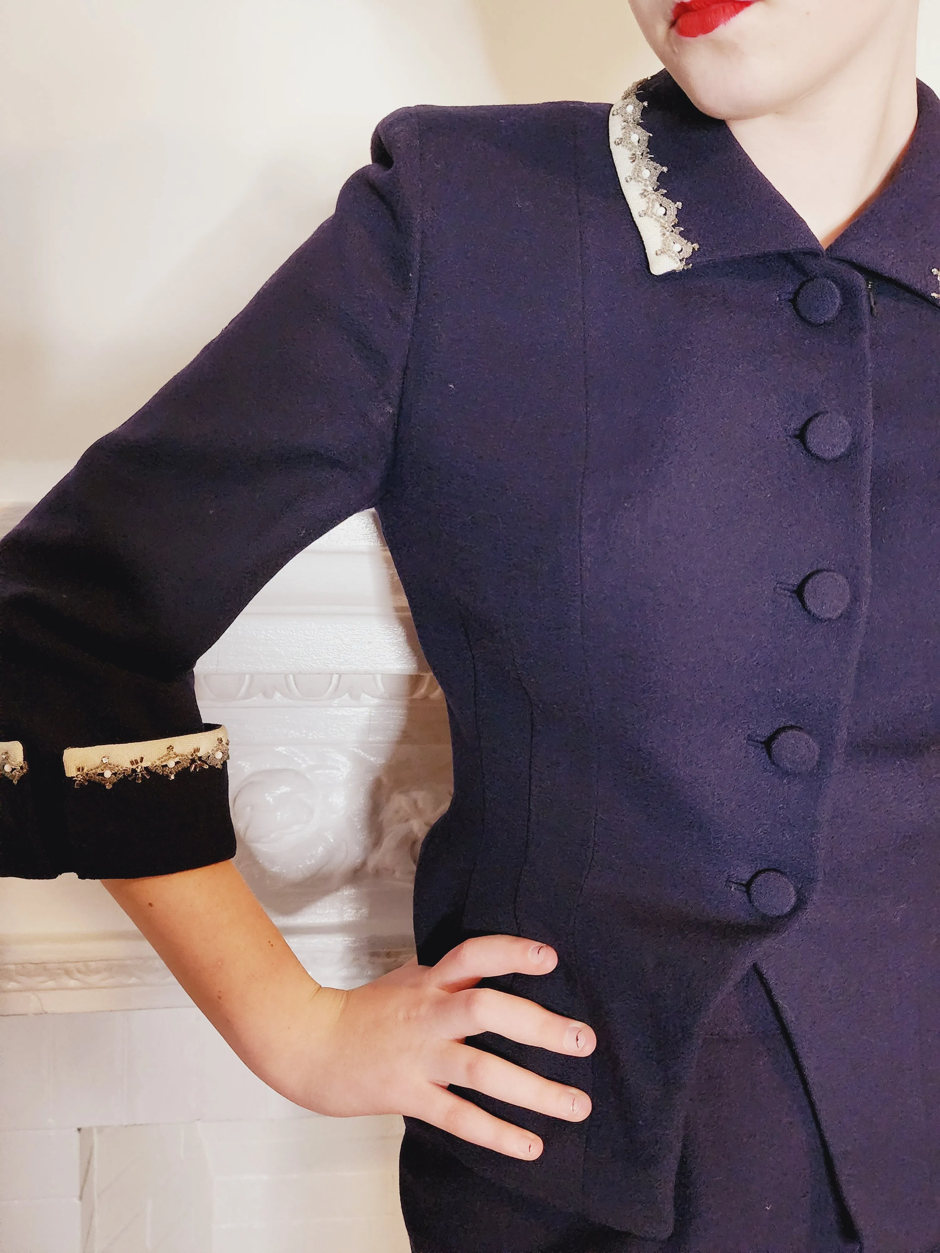 40s or 50s Navy Blue Wool Blazer w/Beaded Embroidery Bramson