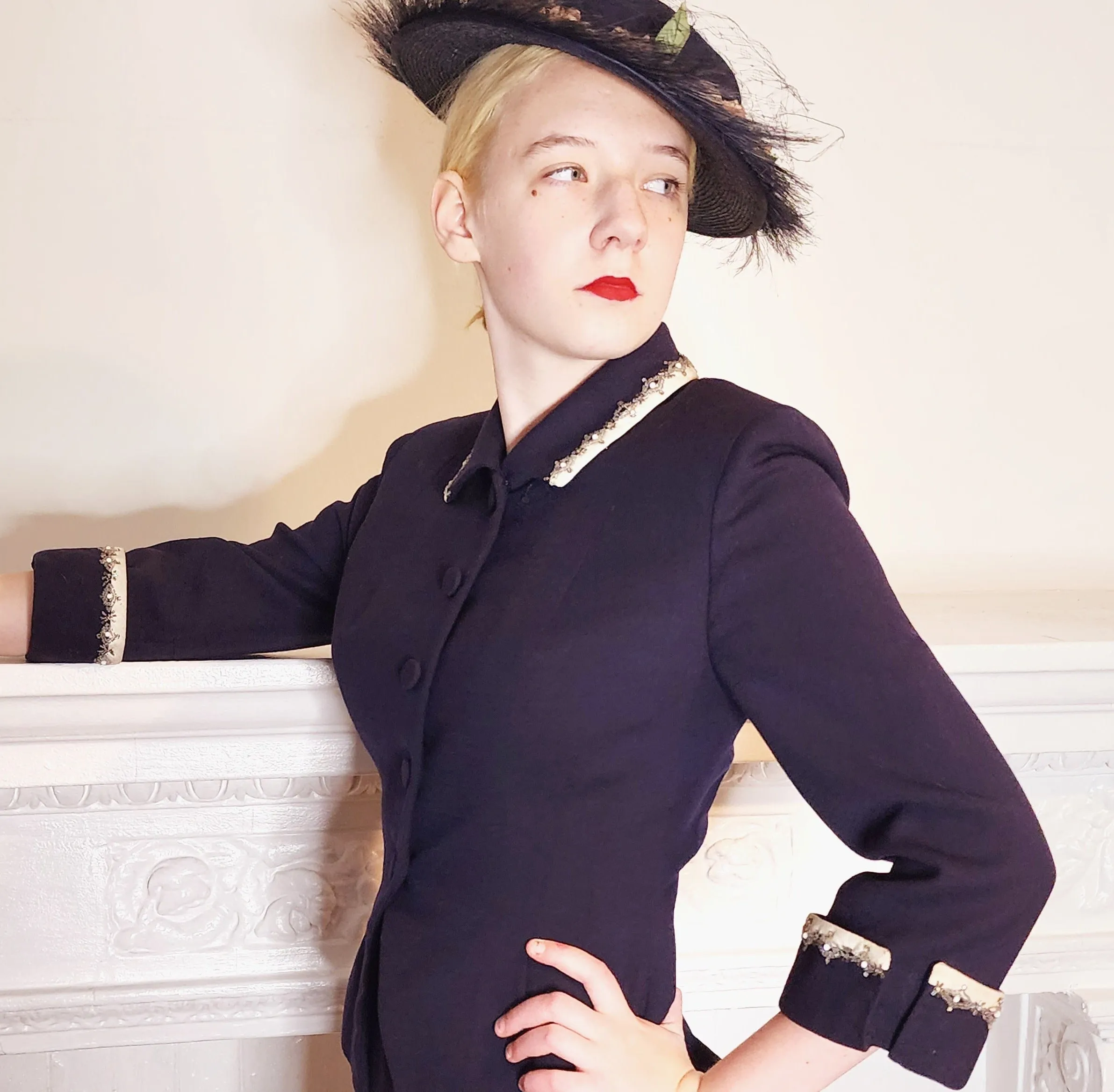 40s or 50s Navy Blue Wool Blazer w/Beaded Embroidery Bramson