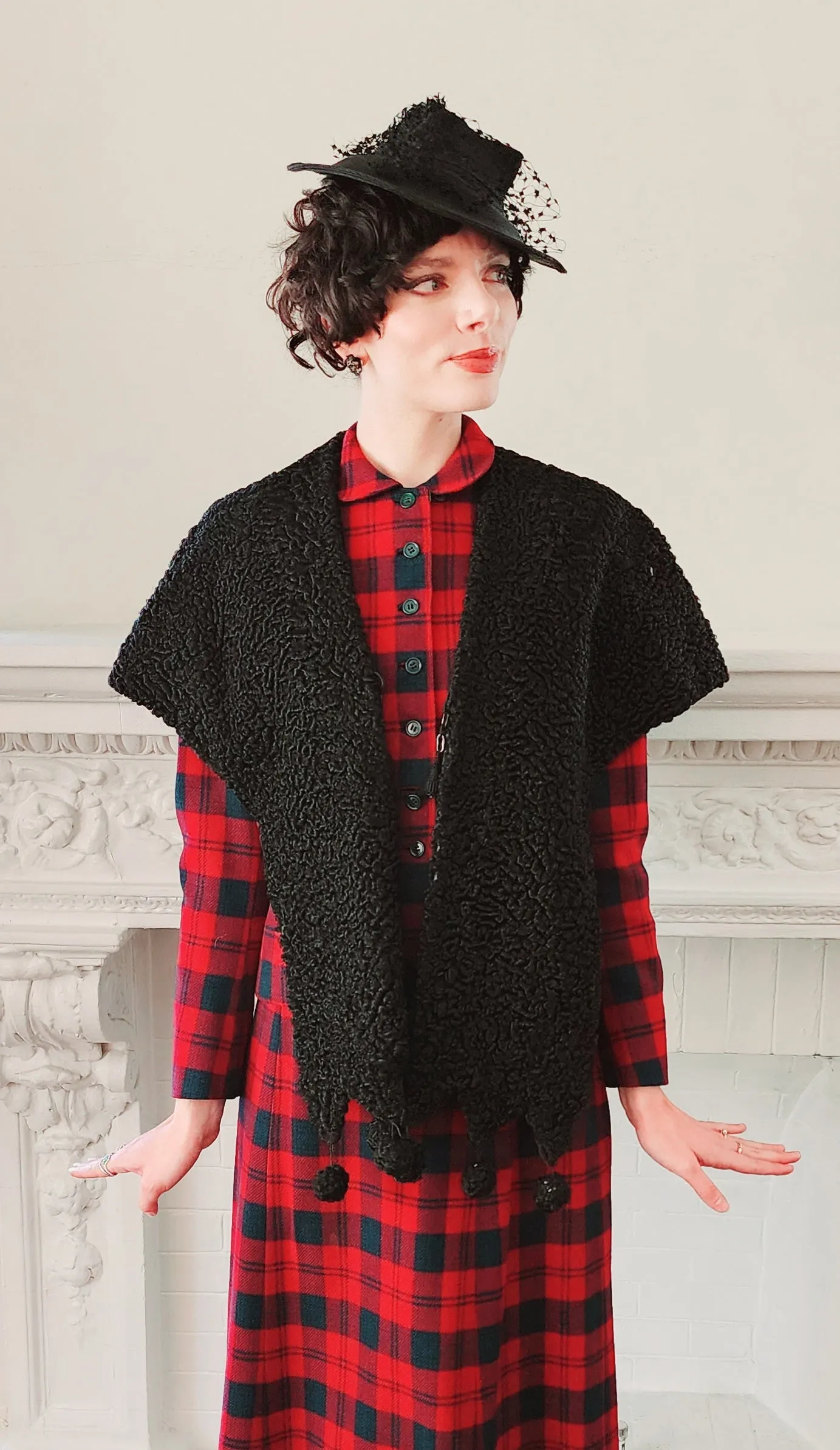 40s Shrug in Black Curly Lamb Persian Wool Wrap Stole by Ferris Bros Furs Chicago