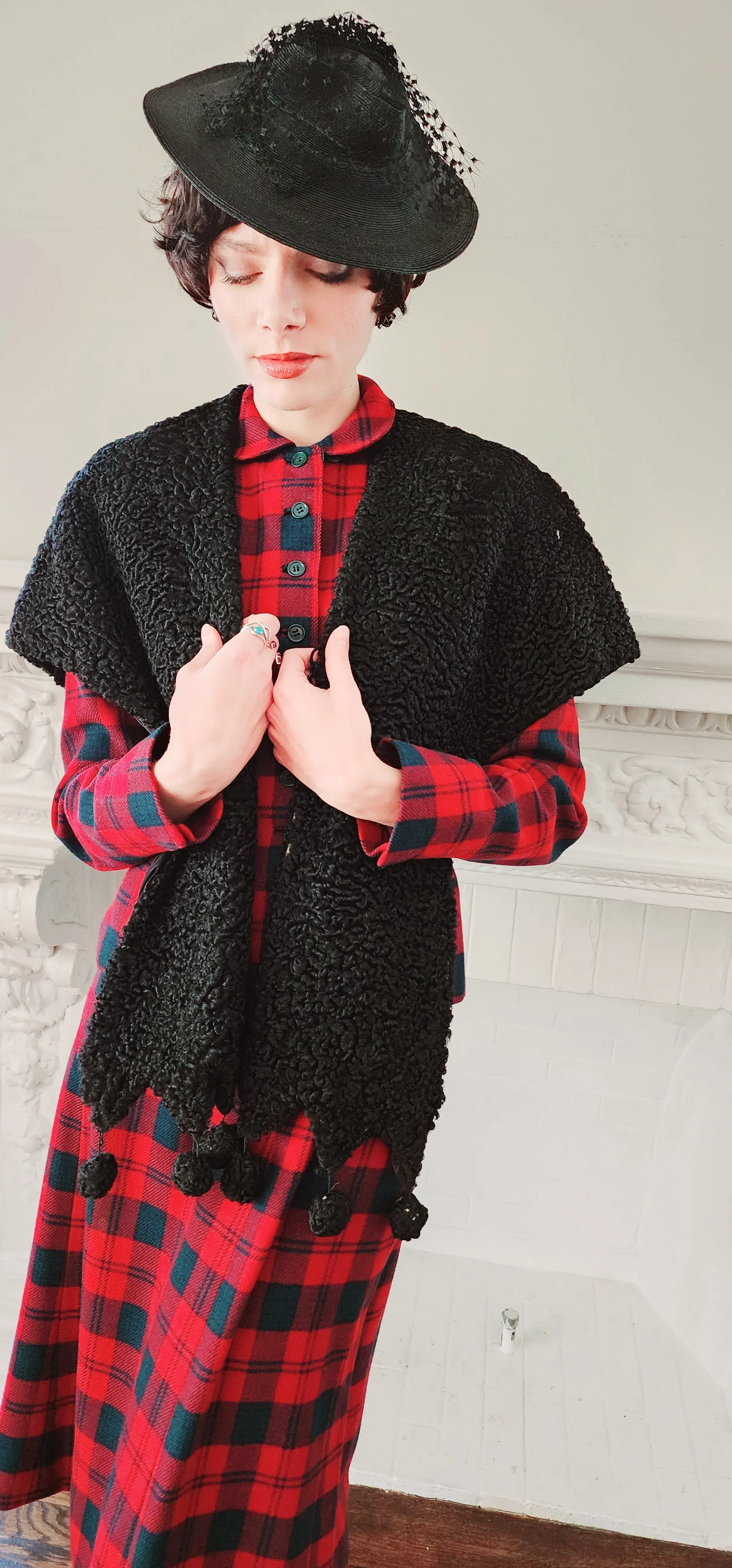 40s Shrug in Black Curly Lamb Persian Wool Wrap Stole by Ferris Bros Furs Chicago