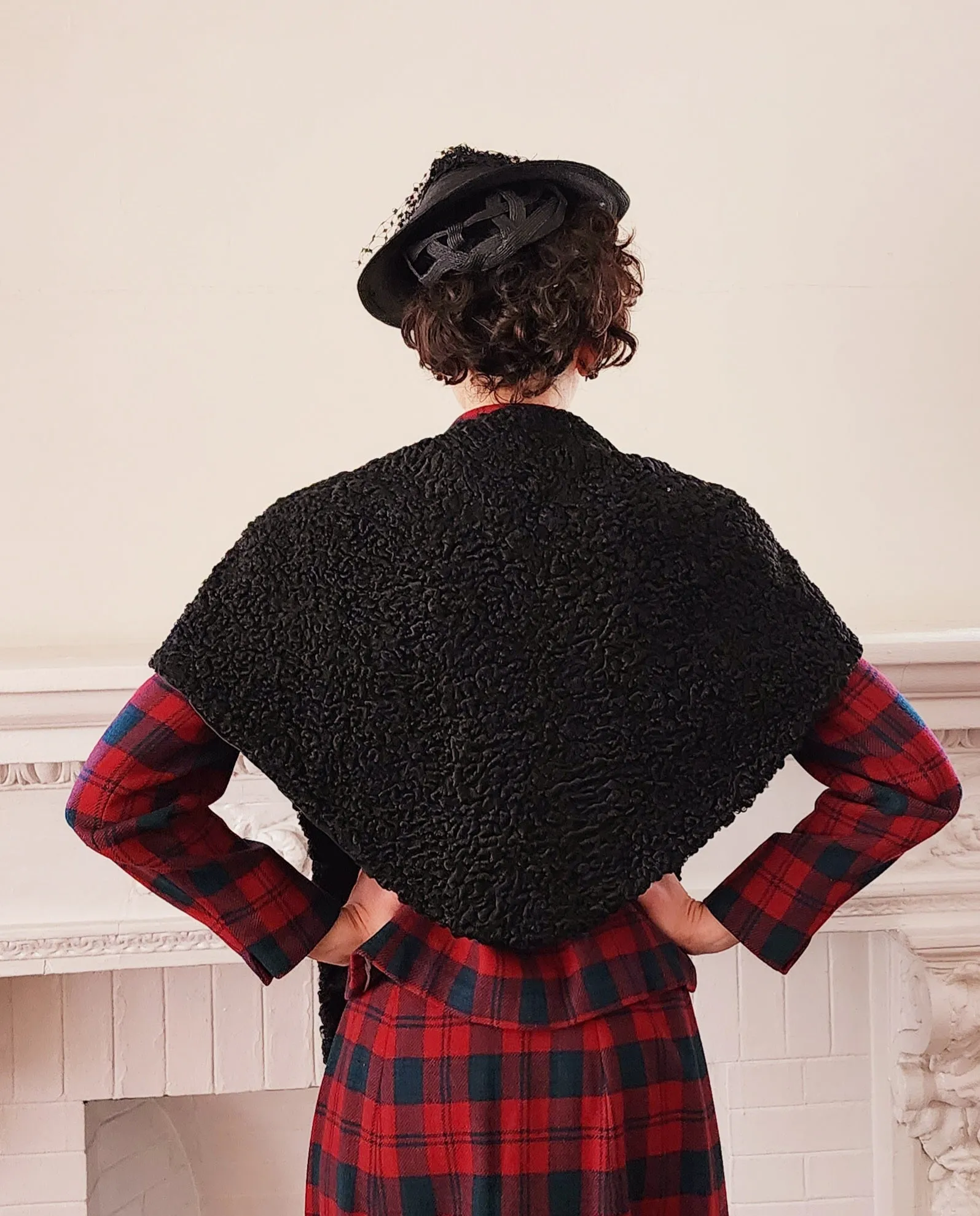 40s Shrug in Black Curly Lamb Persian Wool Wrap Stole by Ferris Bros Furs Chicago