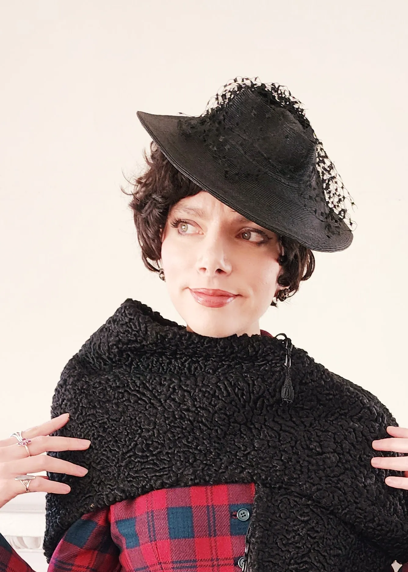 40s Shrug in Black Curly Lamb Persian Wool Wrap Stole by Ferris Bros Furs Chicago