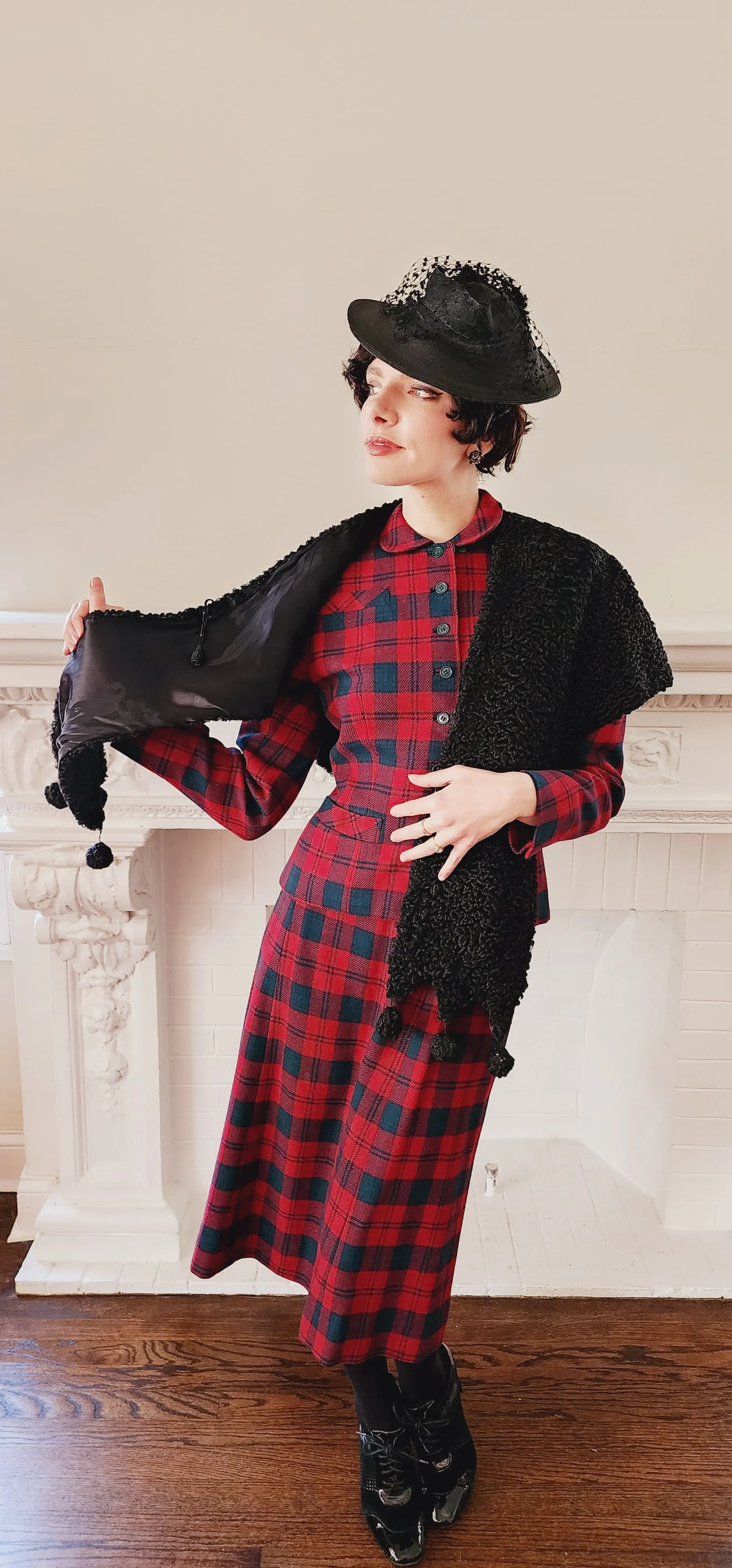 40s Shrug in Black Curly Lamb Persian Wool Wrap Stole by Ferris Bros Furs Chicago