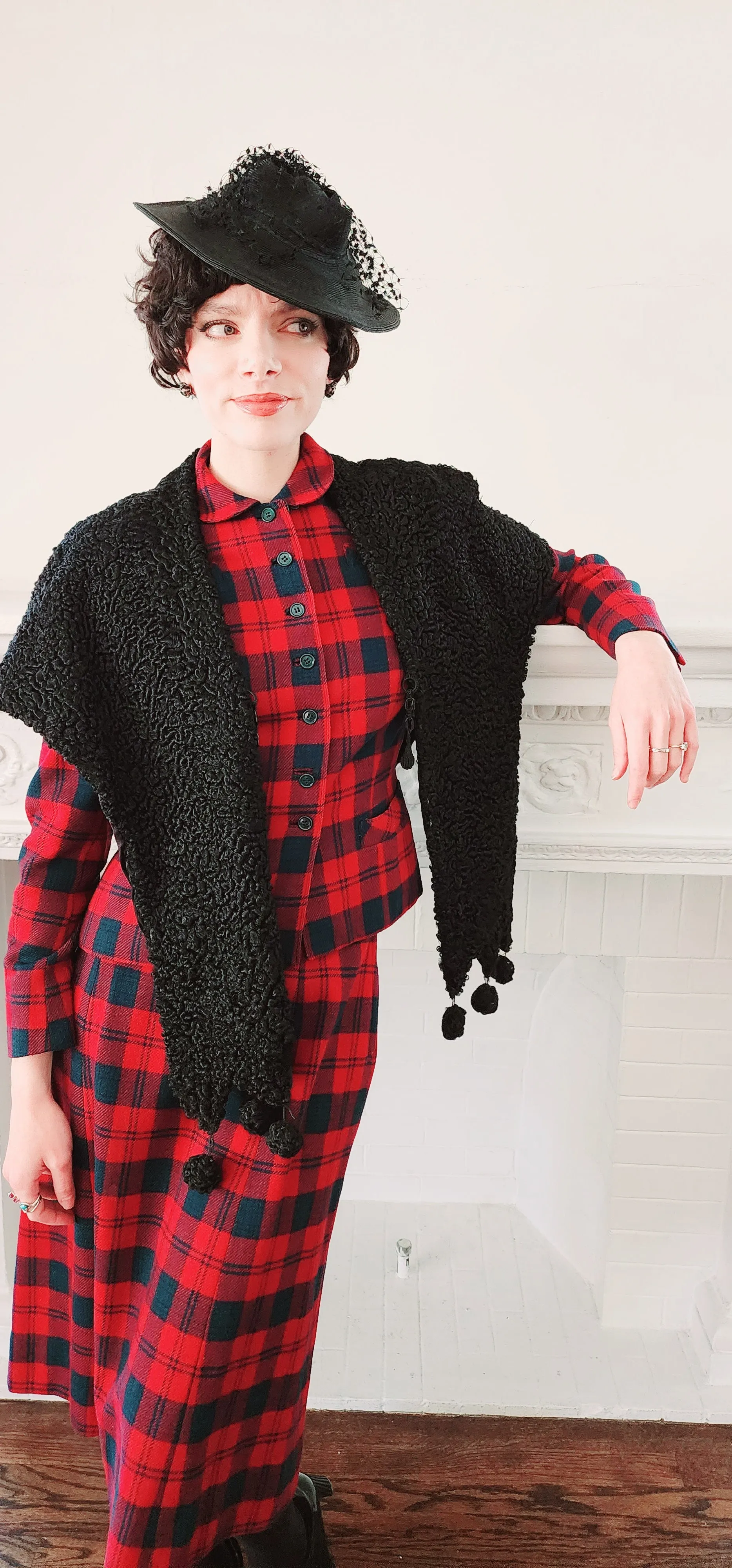 40s Shrug in Black Curly Lamb Persian Wool Wrap Stole by Ferris Bros Furs Chicago