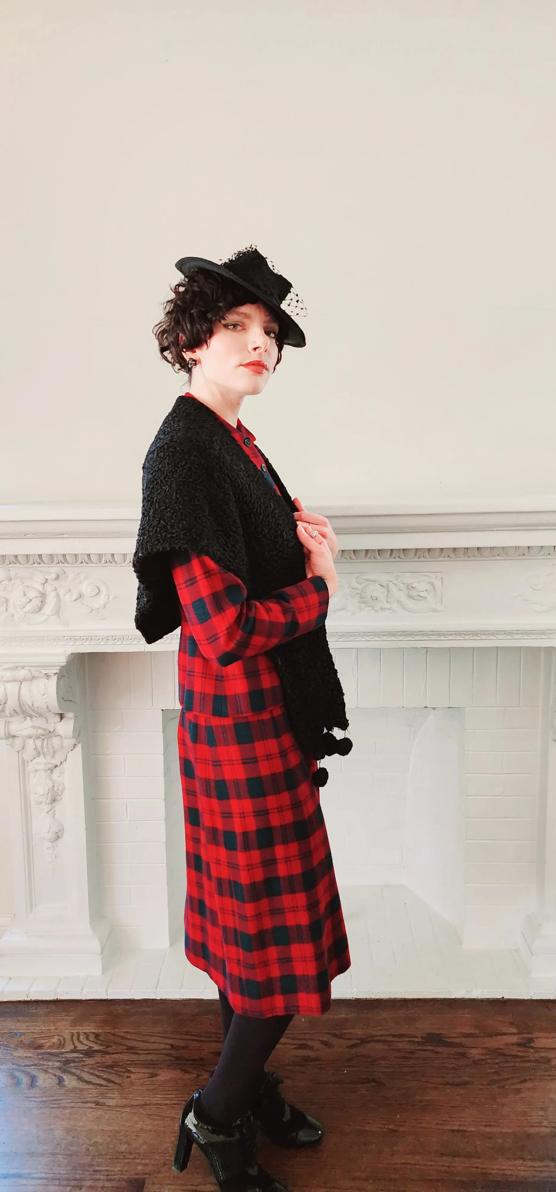 40s Shrug in Black Curly Lamb Persian Wool Wrap Stole by Ferris Bros Furs Chicago