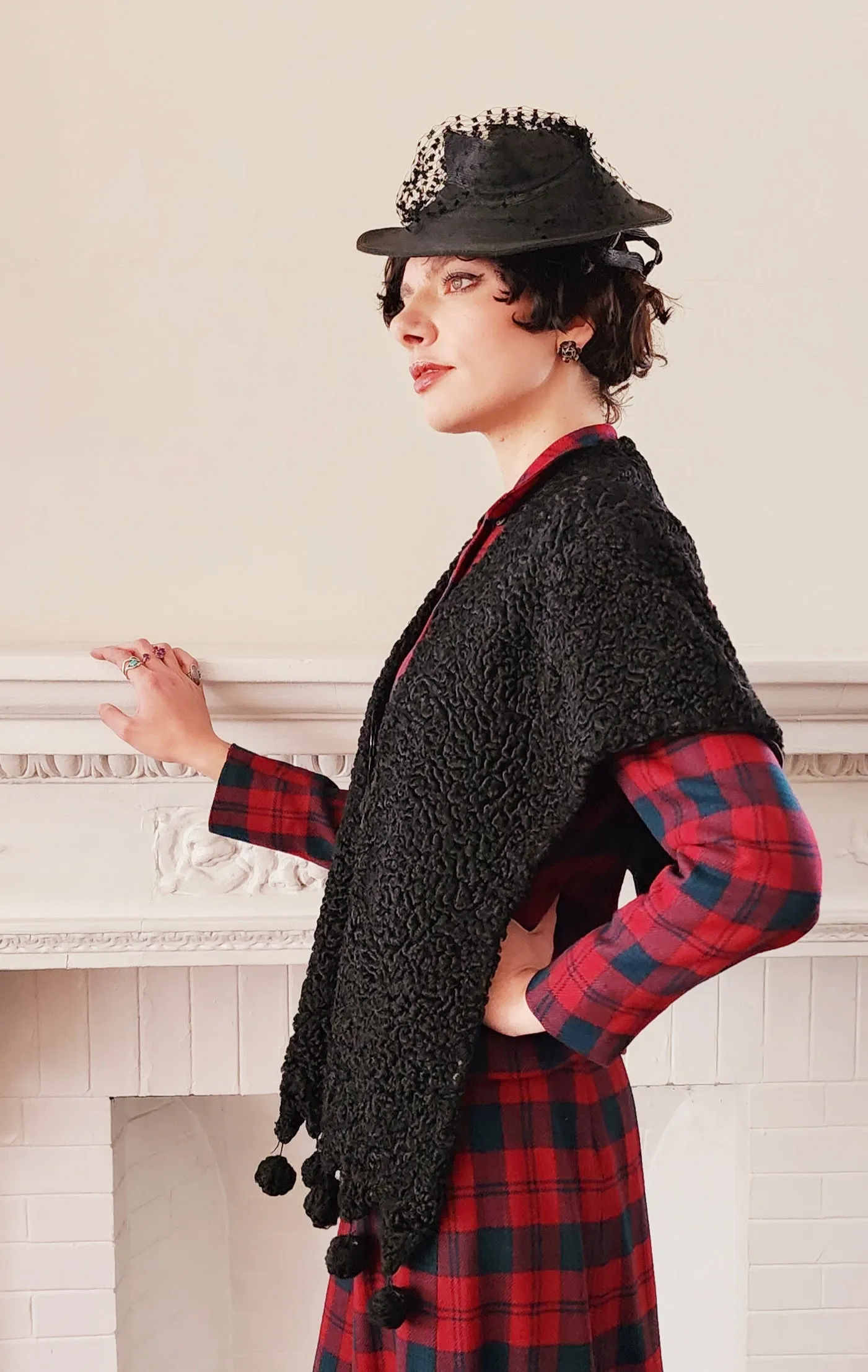 40s Shrug in Black Curly Lamb Persian Wool Wrap Stole by Ferris Bros Furs Chicago