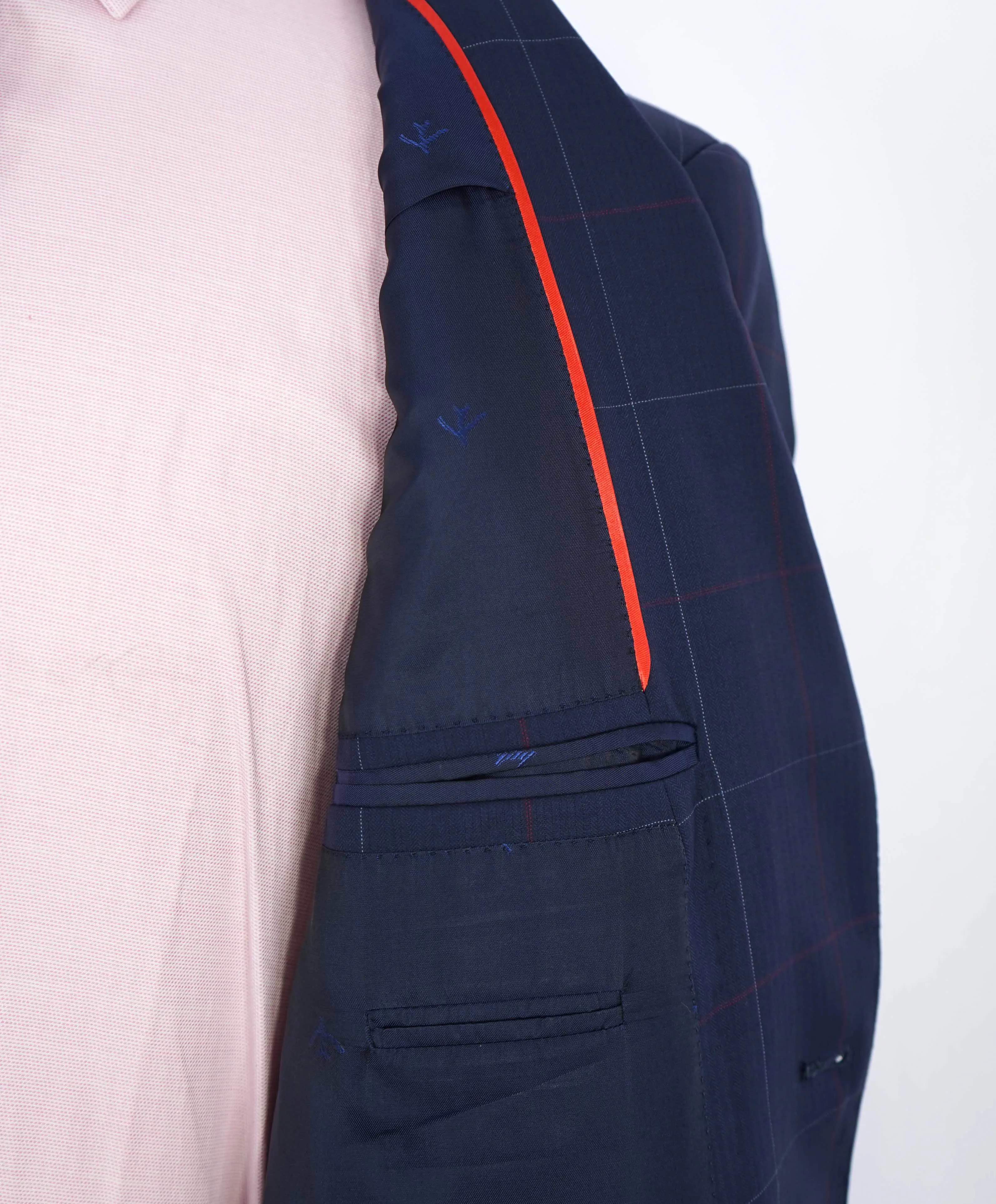 $4,250 ISAIA - Navy/Red Check *CLOSET STAPLE* Coral Pin Suit - 40R