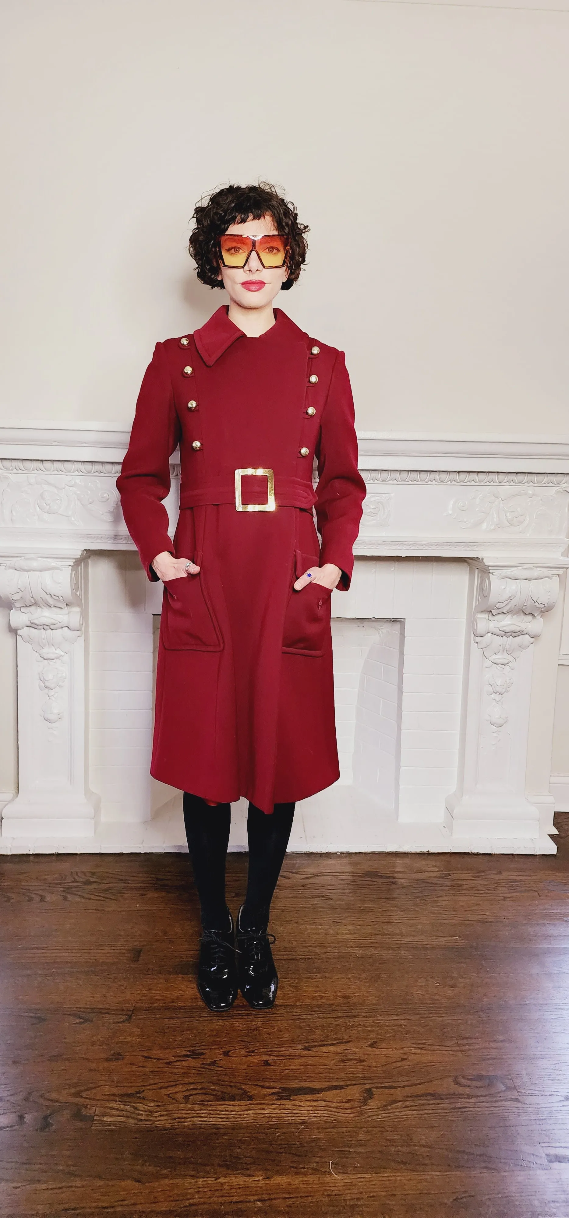 70s Burgundy Red Coat Double Breasted with Belt & Gold Buttons / M