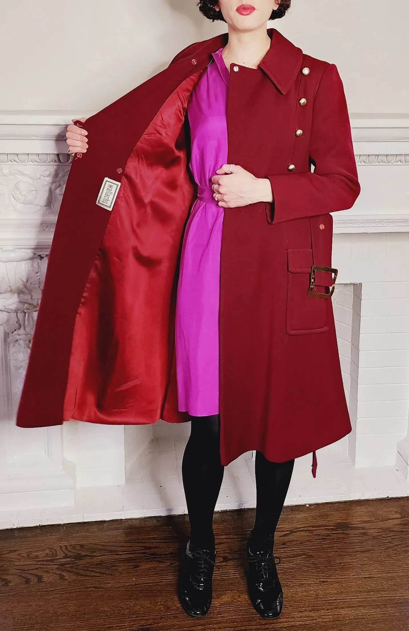 70s Burgundy Red Coat Double Breasted with Belt & Gold Buttons / M