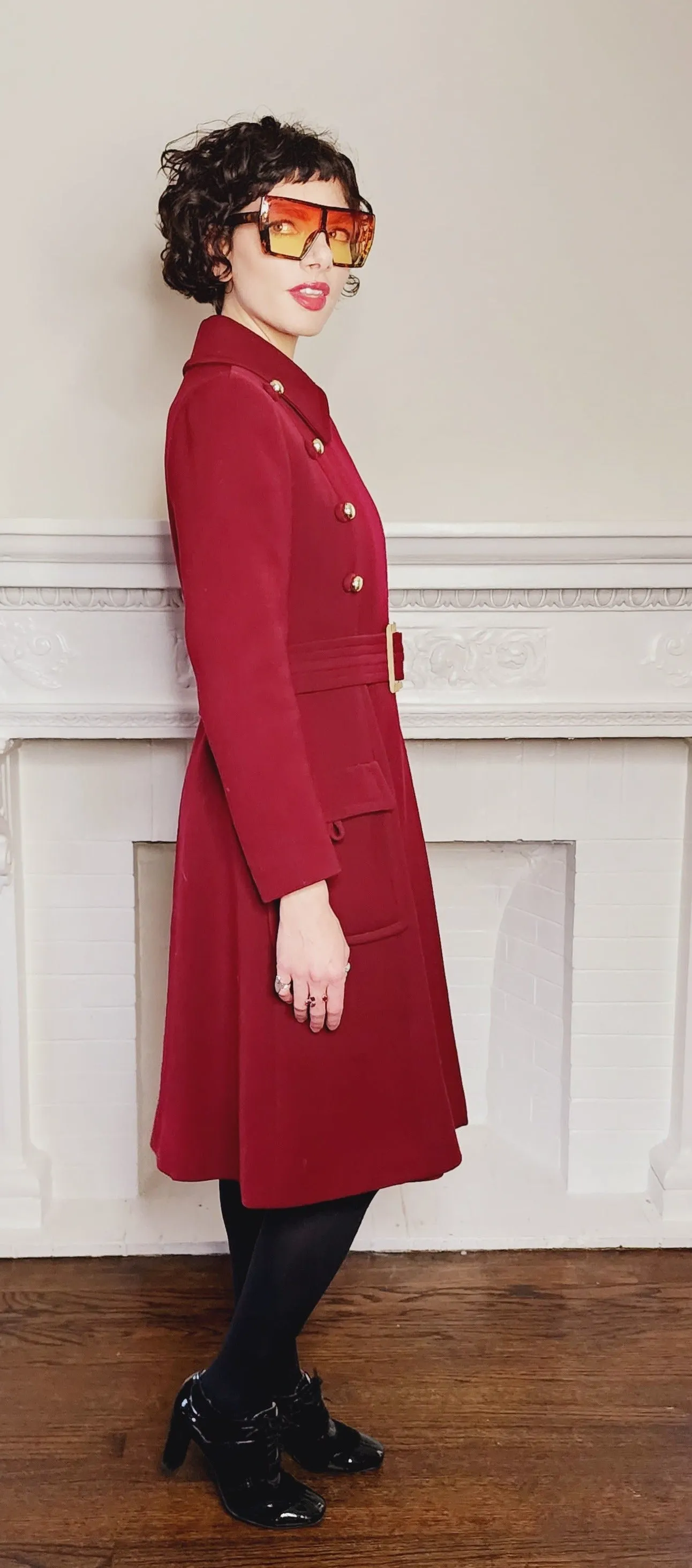 70s Burgundy Red Coat Double Breasted with Belt & Gold Buttons / M