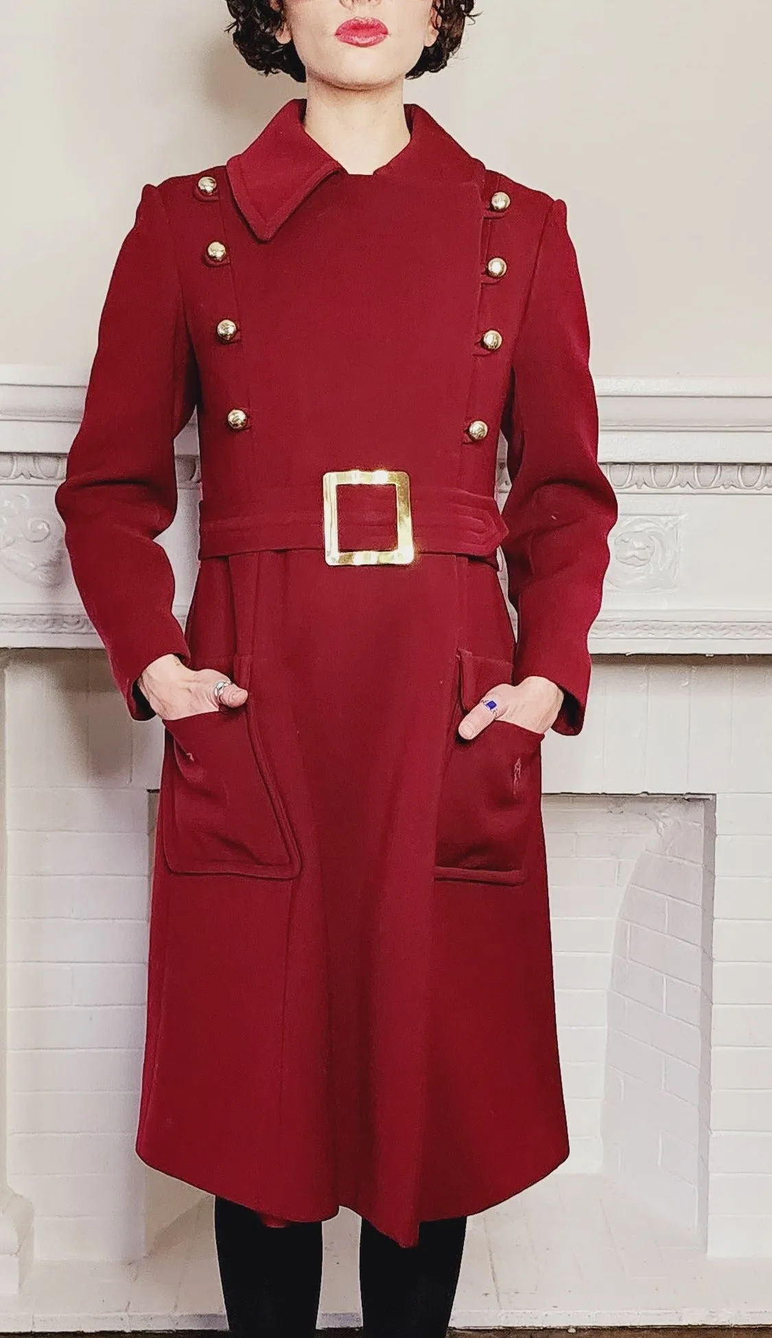70s Burgundy Red Coat Double Breasted with Belt & Gold Buttons / M