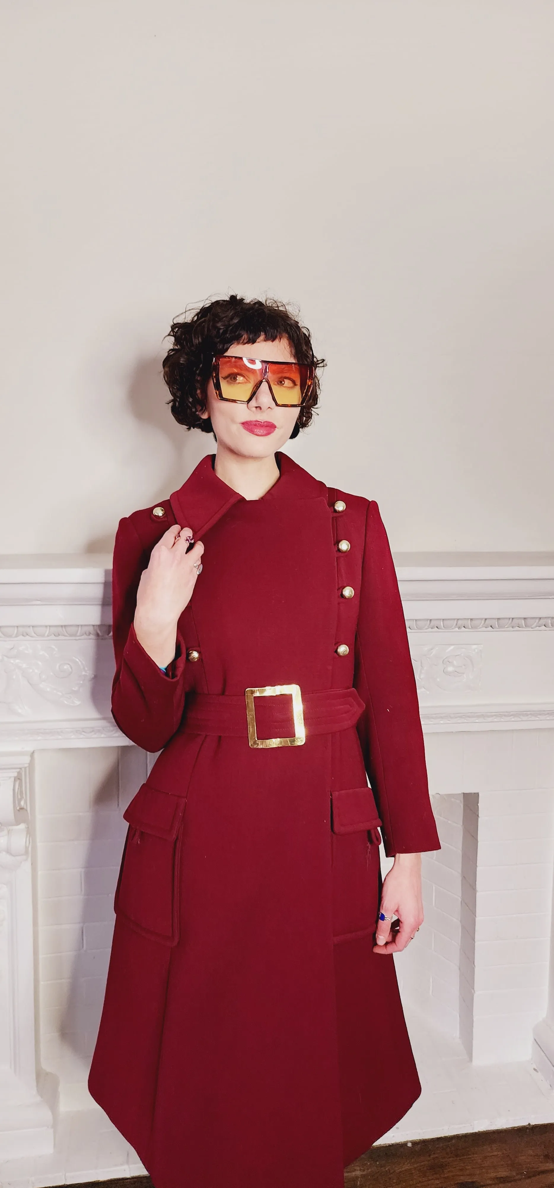 70s Burgundy Red Coat Double Breasted with Belt & Gold Buttons / M