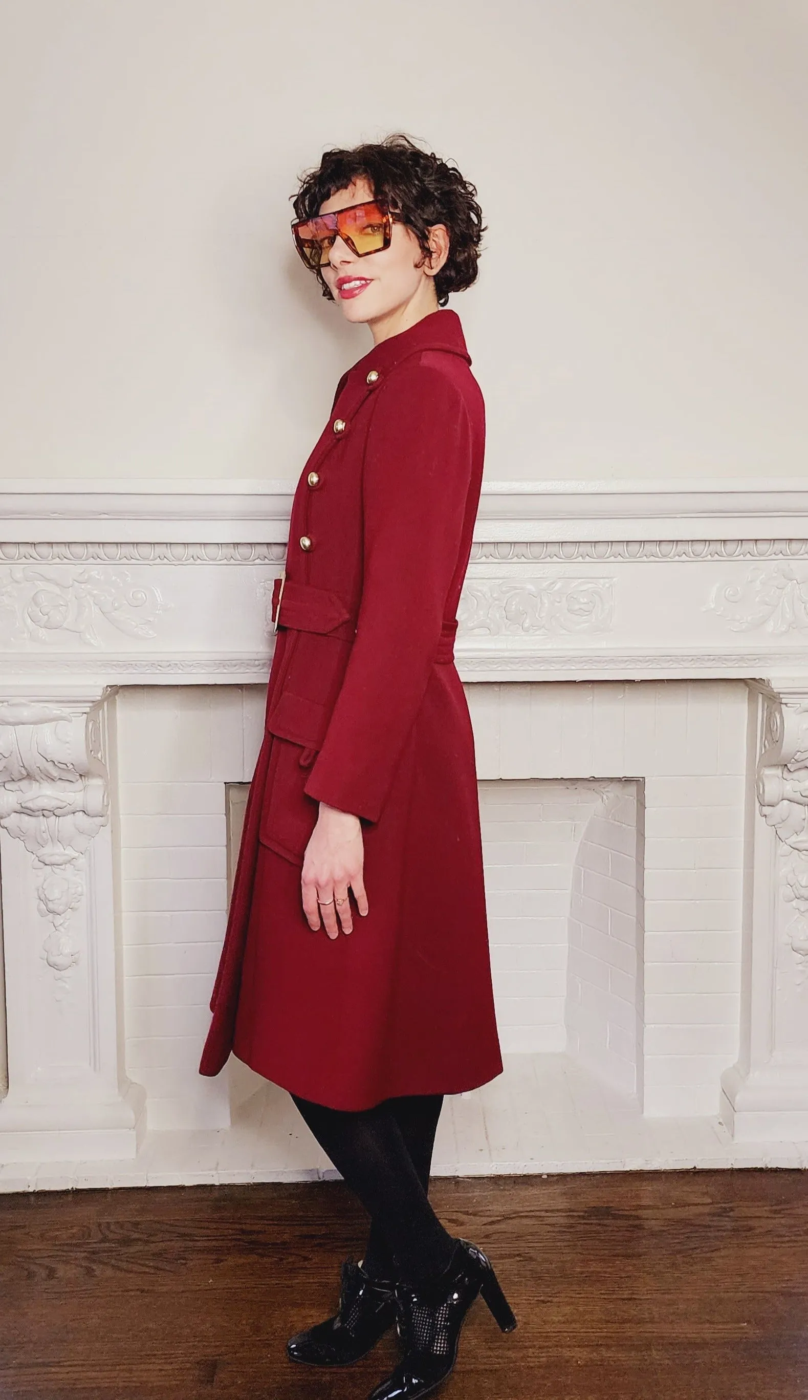 70s Burgundy Red Coat Double Breasted with Belt & Gold Buttons / M
