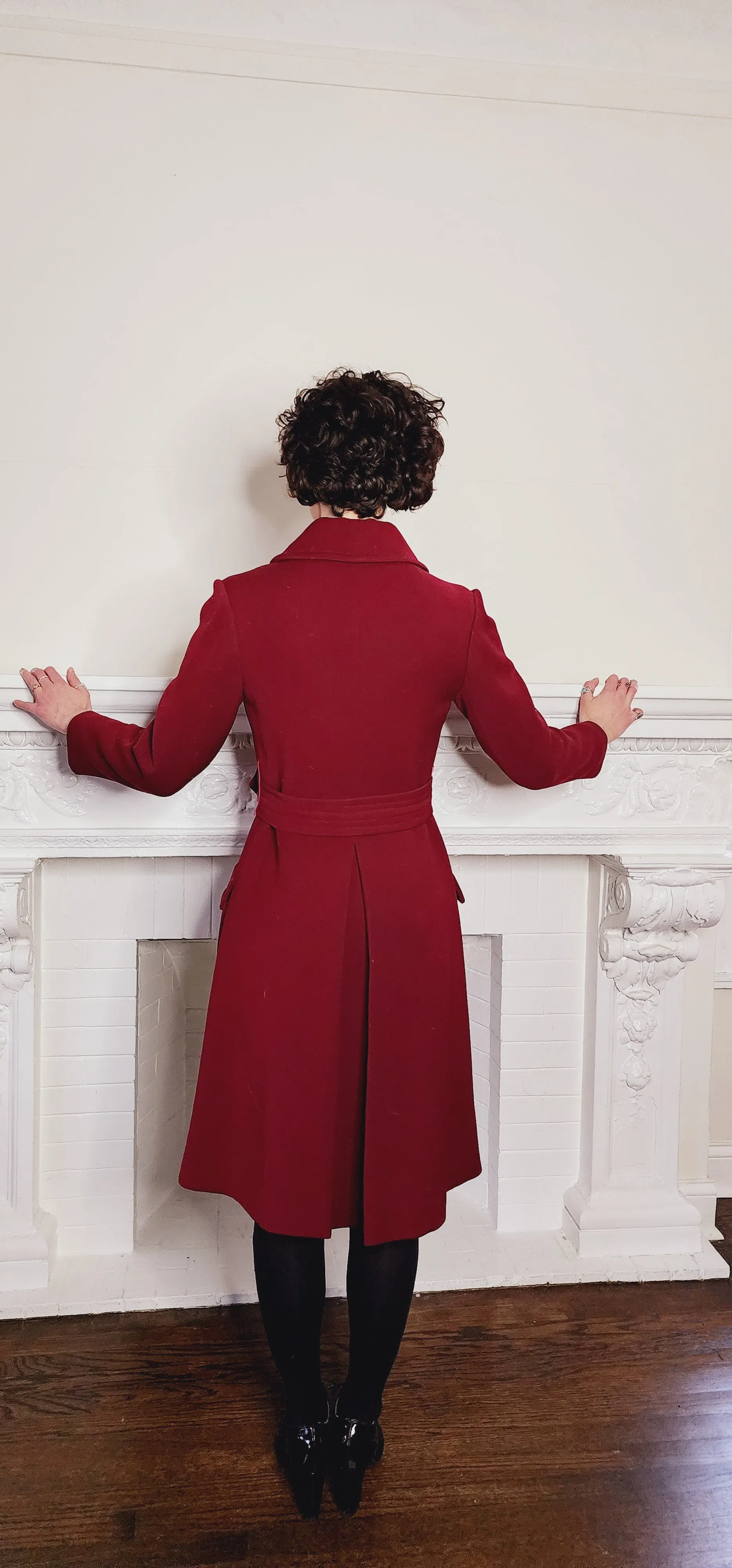 70s Burgundy Red Coat Double Breasted with Belt & Gold Buttons / M