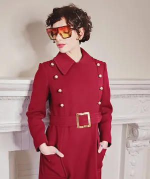70s Burgundy Red Coat Double Breasted with Belt & Gold Buttons / M