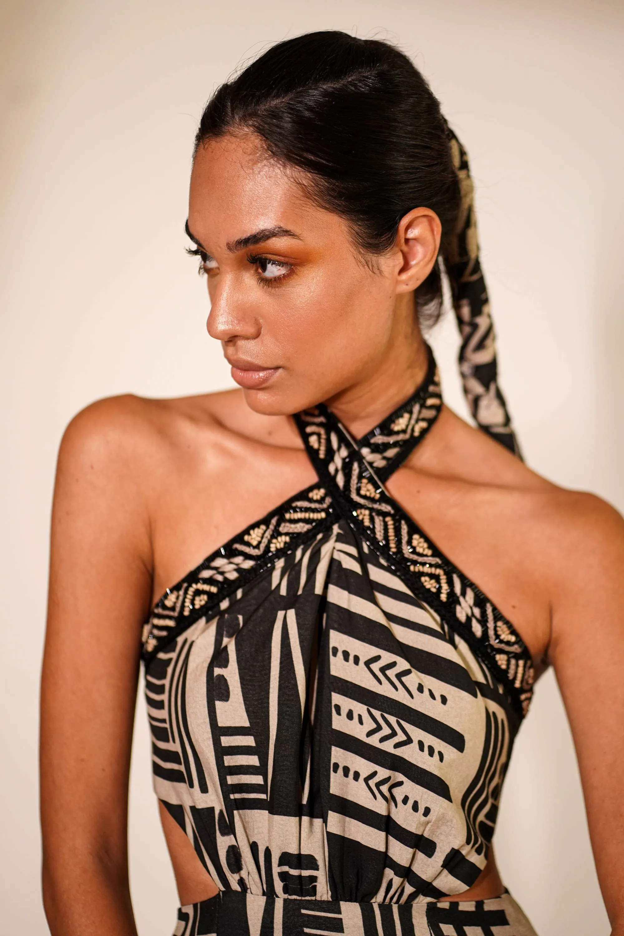 Abstract printed halter short dress