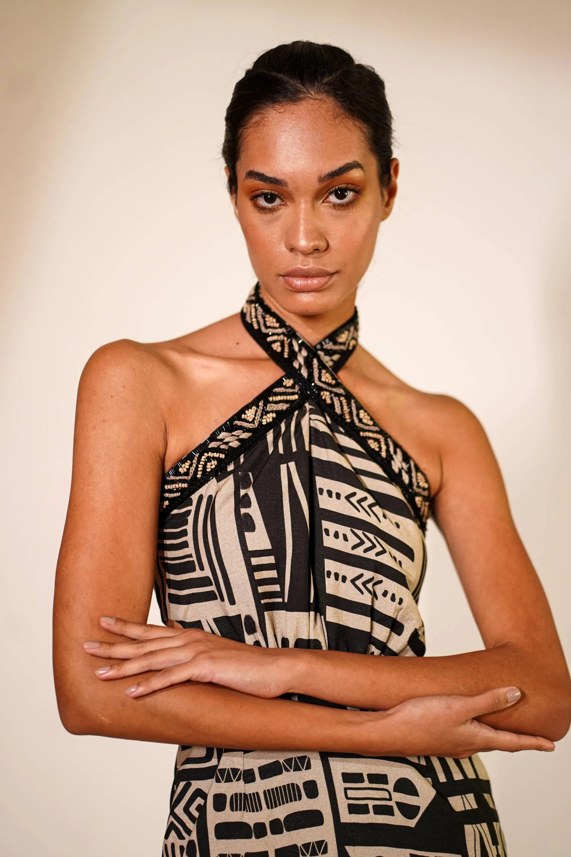 Abstract printed halter short dress