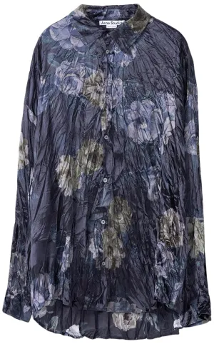 Acne Studios, Setar Oversized Floral-Print Crinkled-Satin Shirt, L, Blue