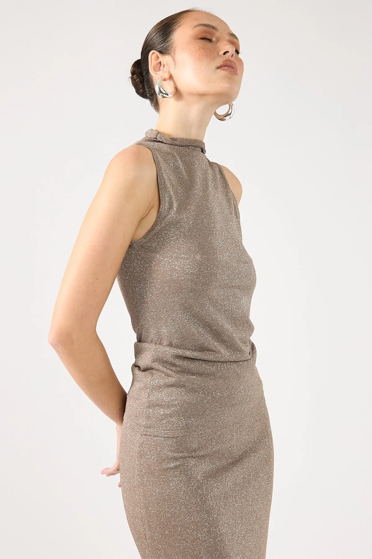 Agnes Beam Halter Lurex Knit Top - Sand