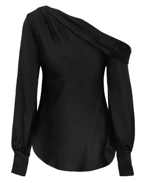 Alice Satin One Shoulder Top in Black