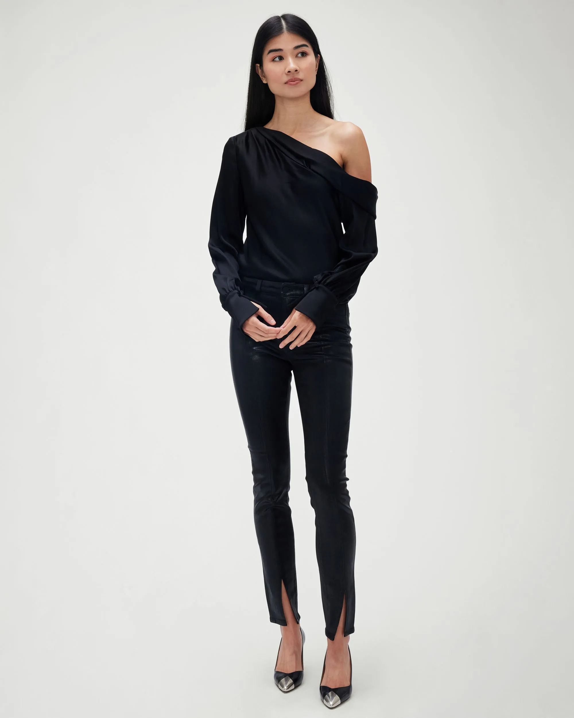 Alice Satin One Shoulder Top in Black