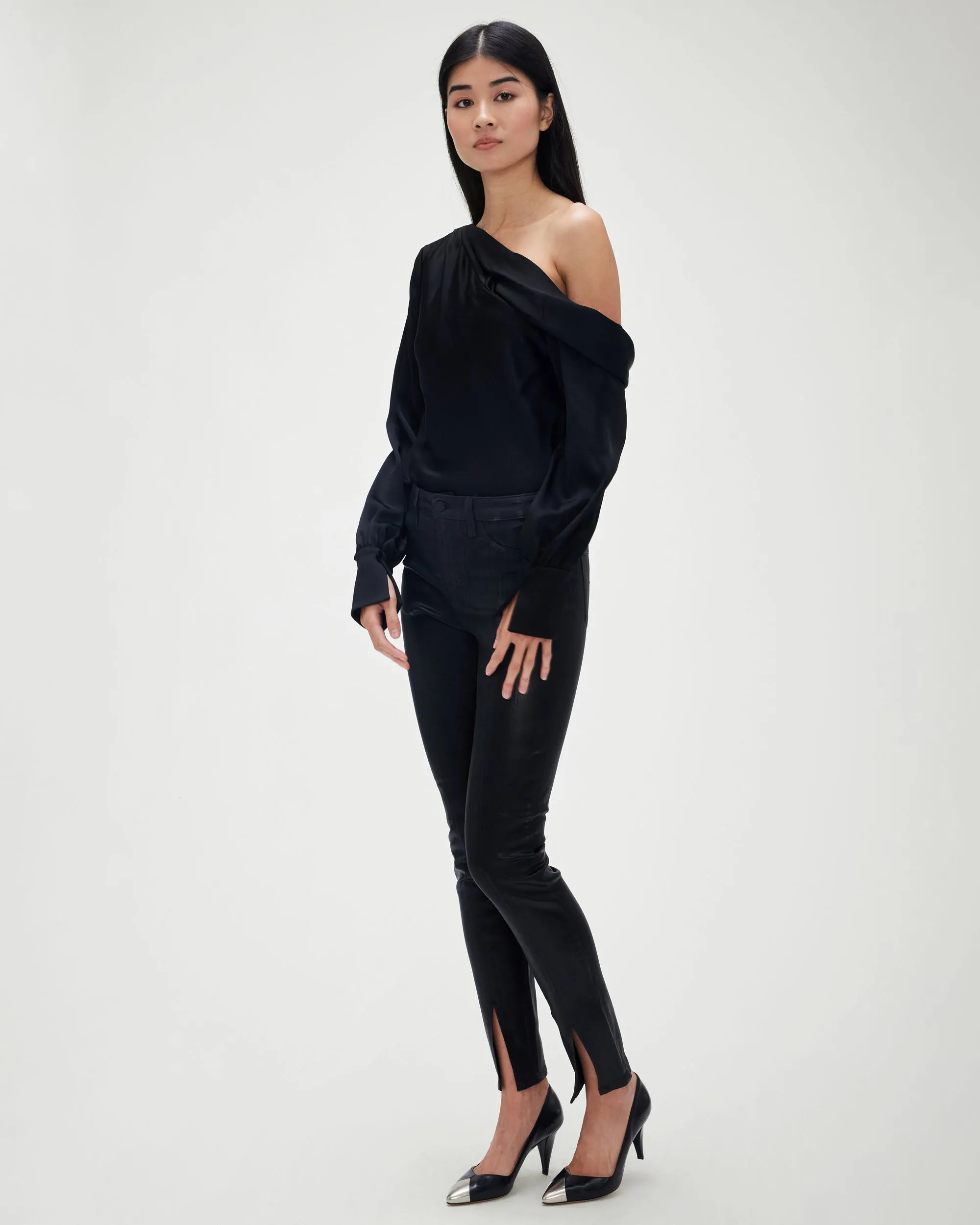 Alice Satin One Shoulder Top in Black