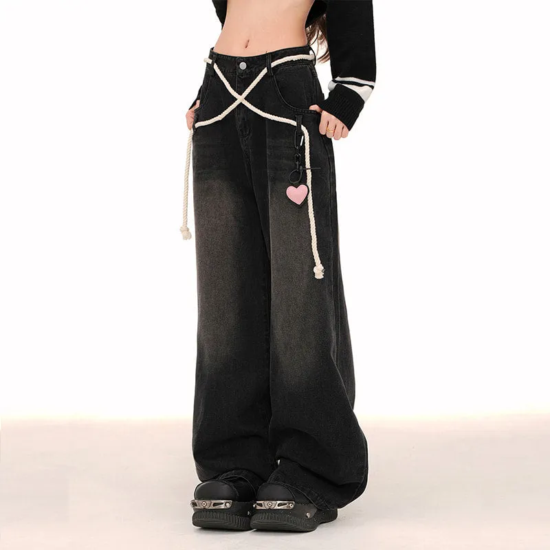American Retro Black All-match Wide-Leg Jeans