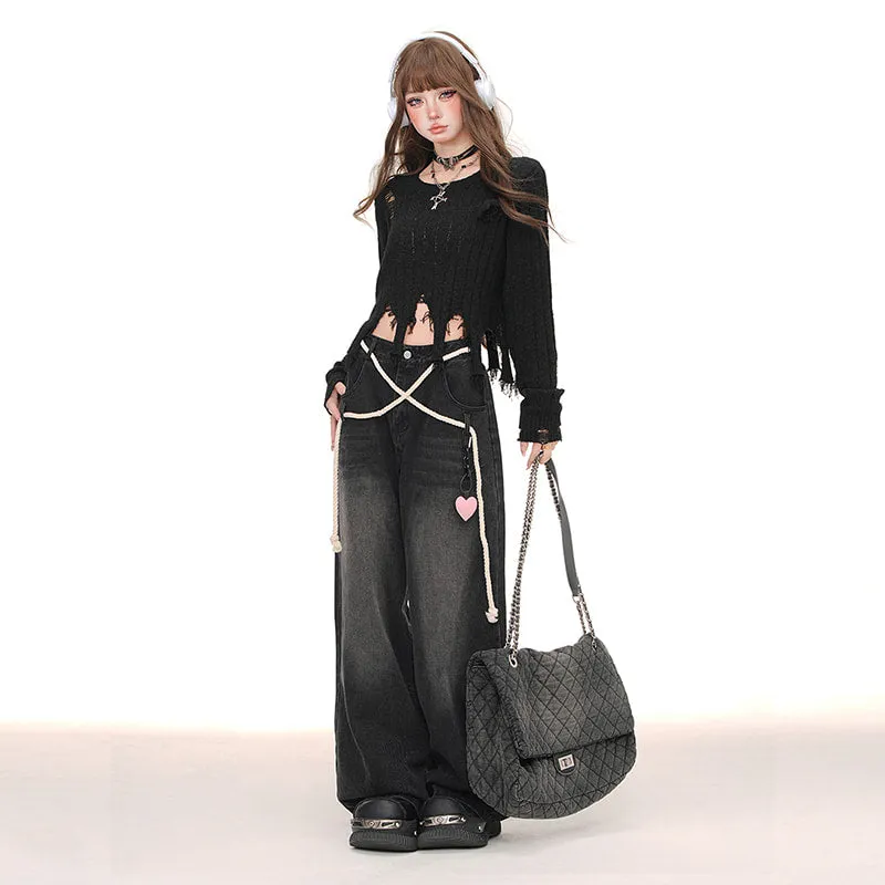 American Retro Black All-match Wide-Leg Jeans