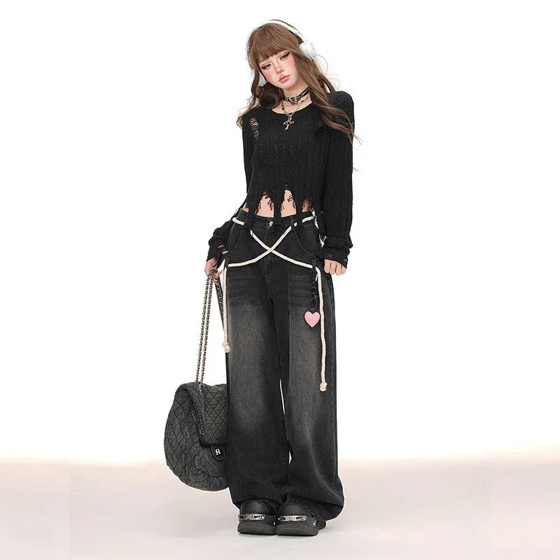 American Retro Black All-match Wide-Leg Jeans