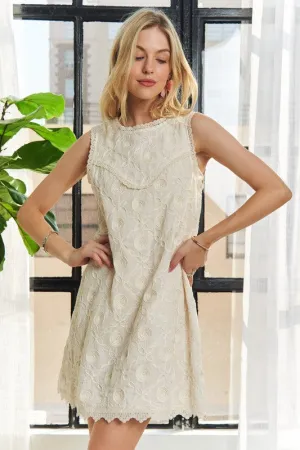 Applique Round Neck Sleeveless Beige Shift Dress
