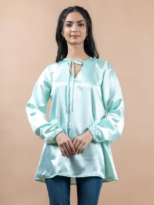 Aqua Satin Full Sleeves Top For Women