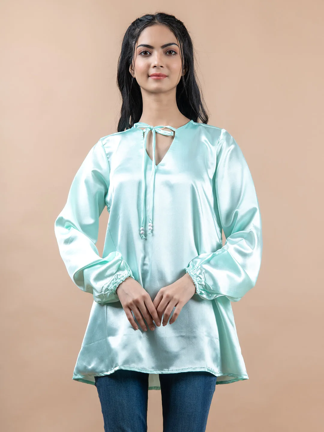Aqua Satin Full Sleeves Top For Women