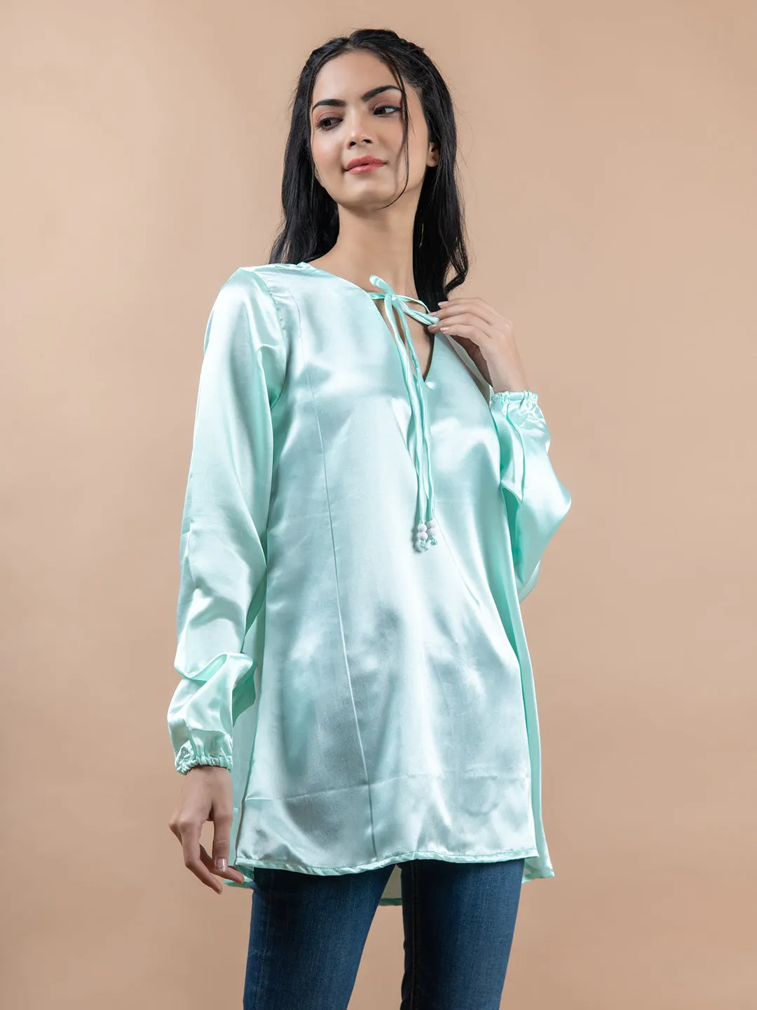 Aqua Satin Full Sleeves Top For Women
