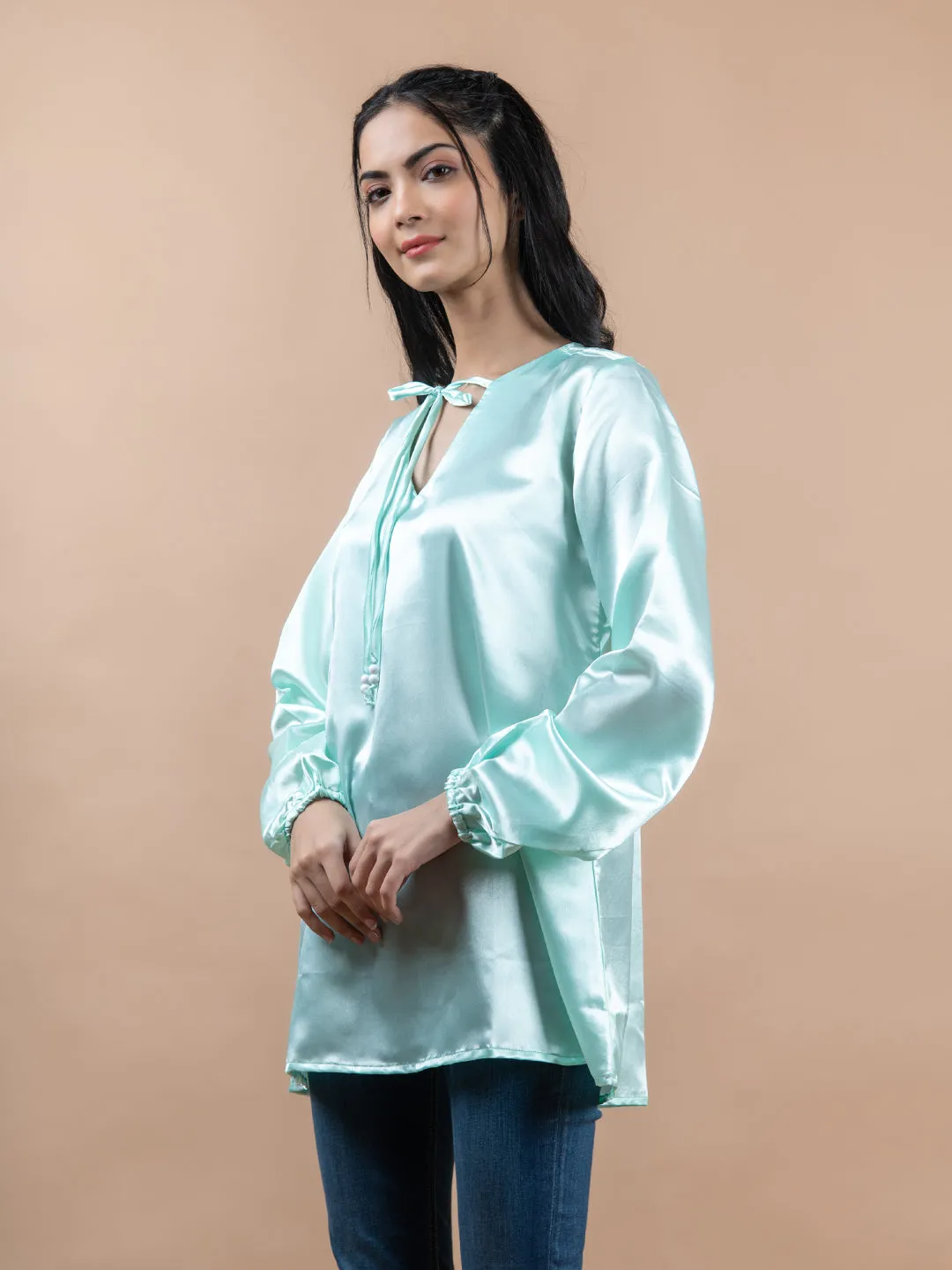Aqua Satin Full Sleeves Top For Women