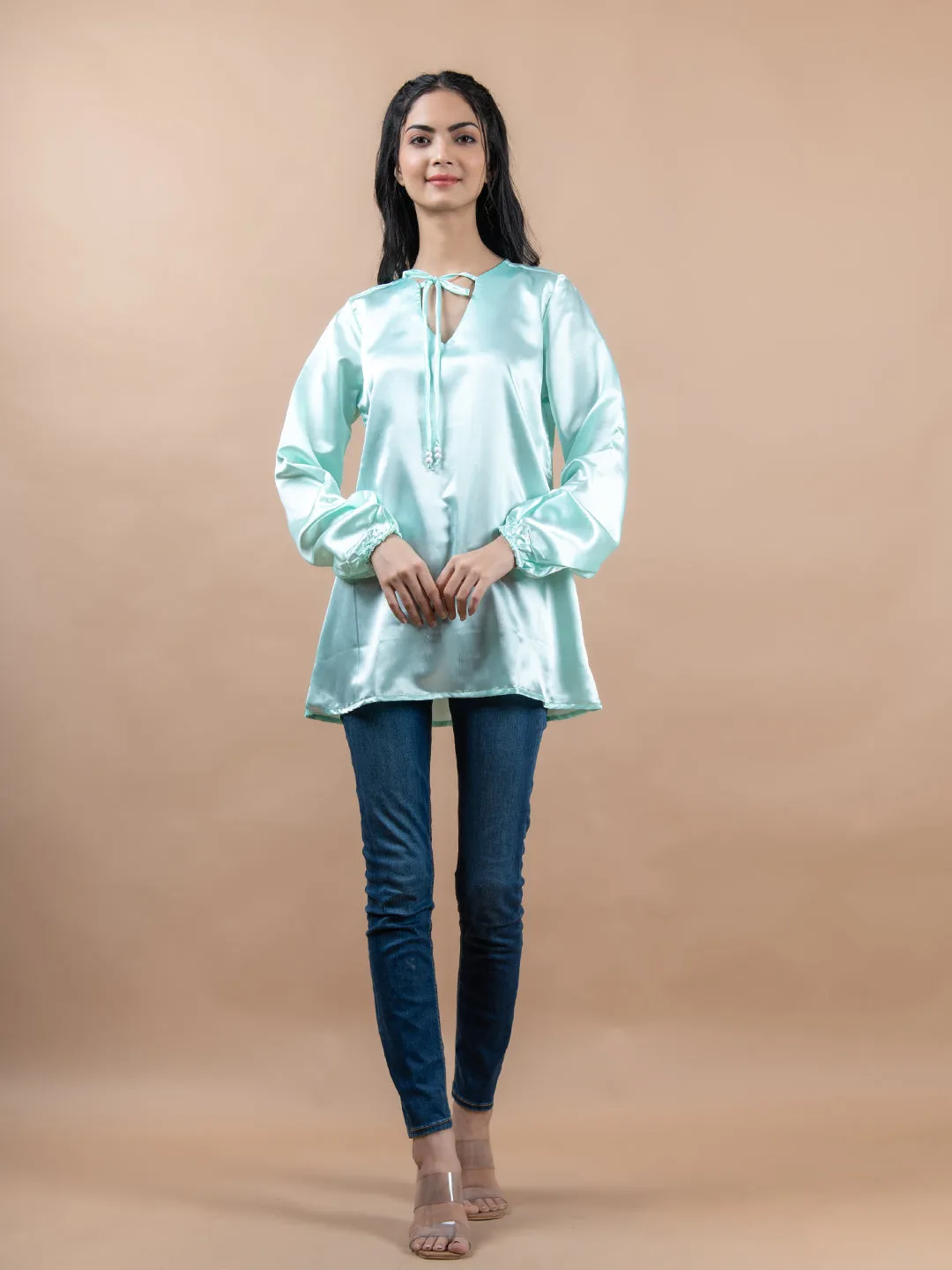 Aqua Satin Full Sleeves Top For Women