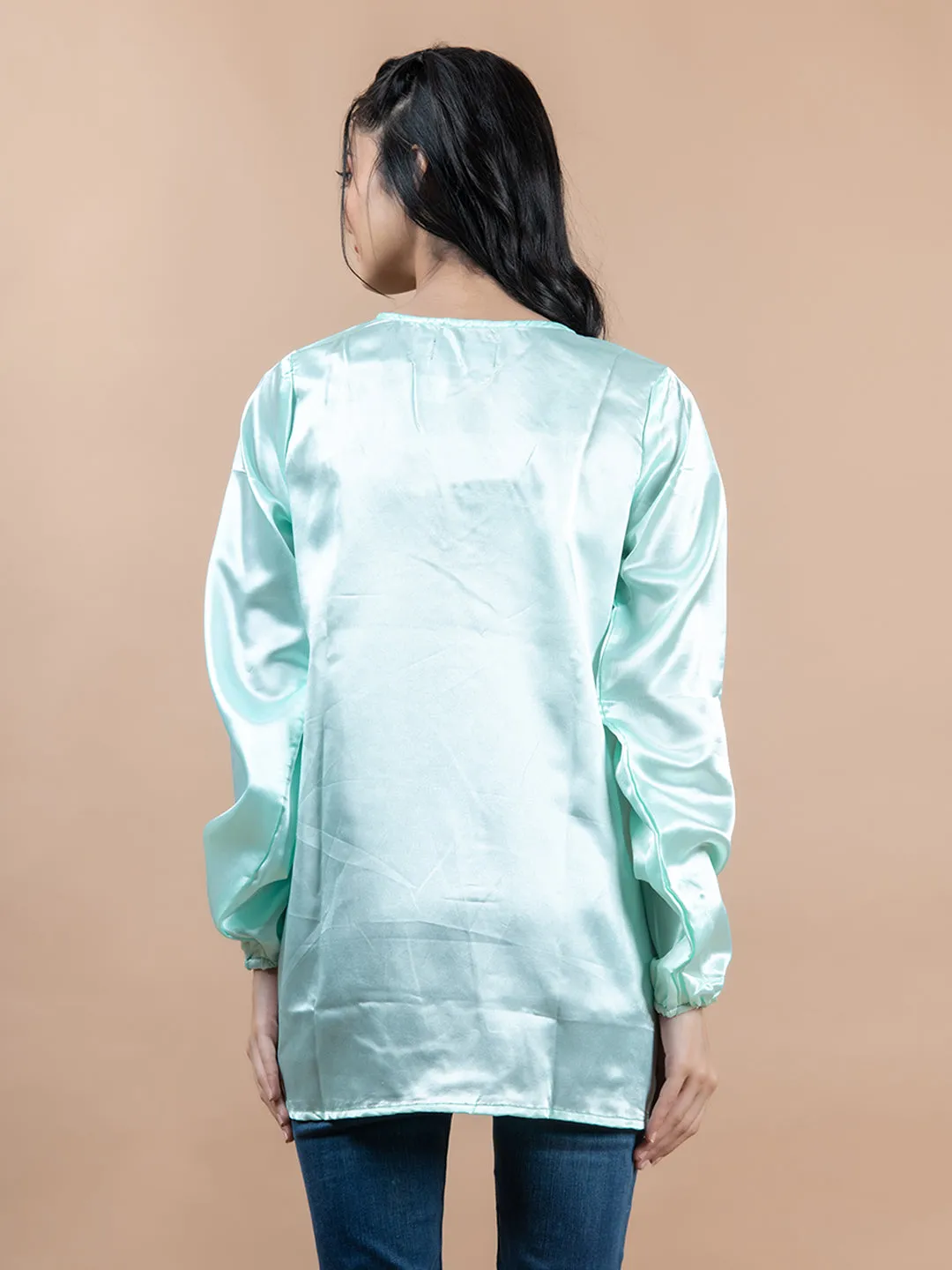 Aqua Satin Full Sleeves Top For Women