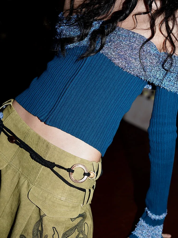 Arm-Cover Colorful Off-Shoulder Zip Unique Knit