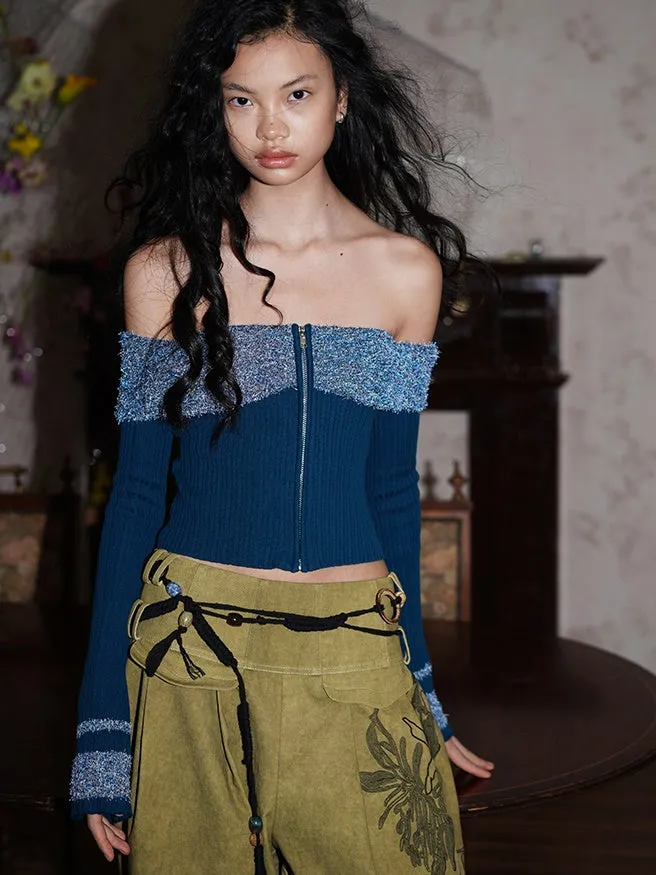 Arm-Cover Colorful Off-Shoulder Zip Unique Knit