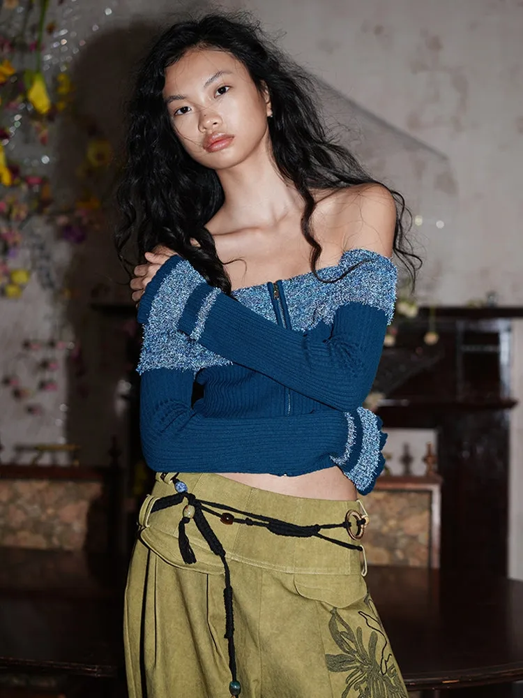 Arm-Cover Colorful Off-Shoulder Zip Unique Knit