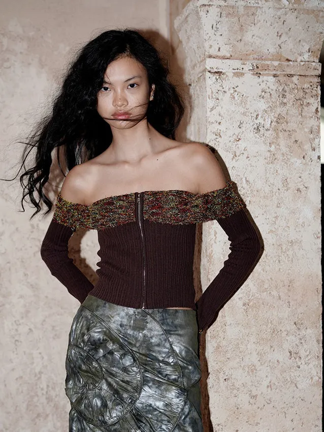 Arm-Cover Colorful Off-Shoulder Zip Unique Knit