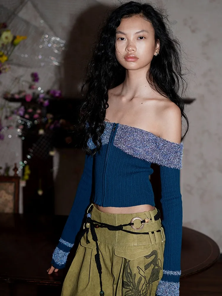 Arm-Cover Colorful Off-Shoulder Zip Unique Knit