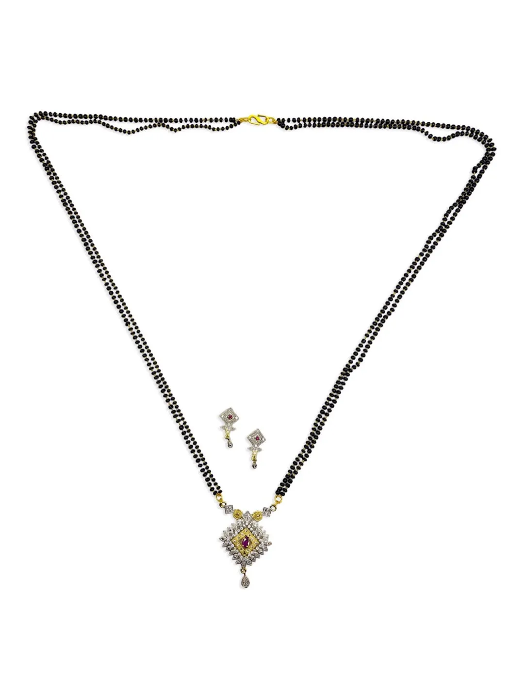Artificial American Diamond Long Mangalsutra Design With Earrings 2 Line Black Beads Chain