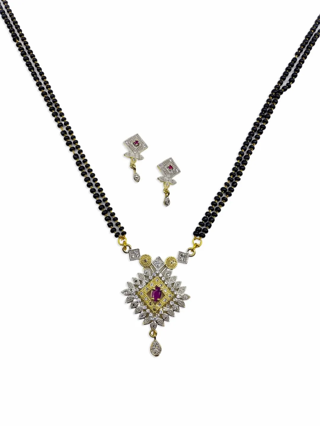 Artificial American Diamond Long Mangalsutra Design With Earrings 2 Line Black Beads Chain