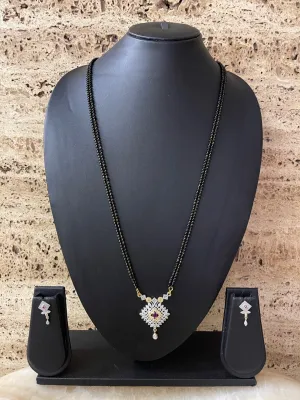 Artificial American Diamond Long Mangalsutra Design With Earrings 2 Line Black Beads Chain