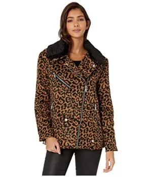 Avec Les Filles Faux Sherpa Trimmed Leopard Wool Blend Biker Jacket
