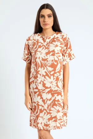 Back Detail Printed Shift Dress - Brown/White
